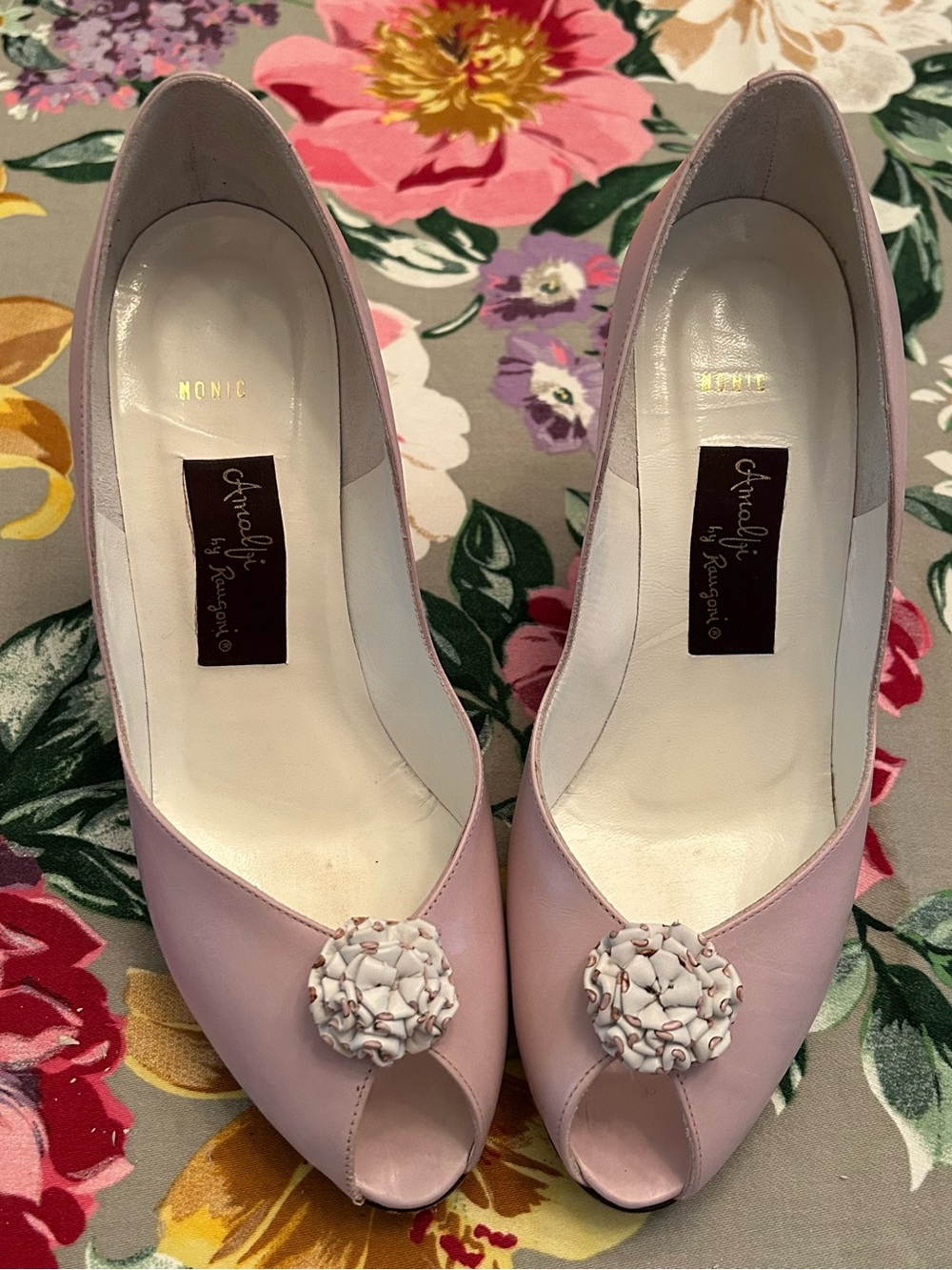 Lavender and White Peep-Toe Heels with Decorative Rosette